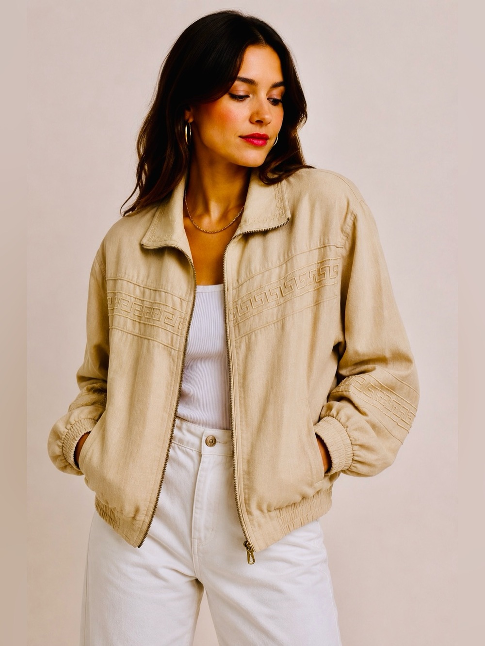 VTG Fuda International 100% Silk Bomber Jacket Ivory Cream Greek Key Trim Sz M